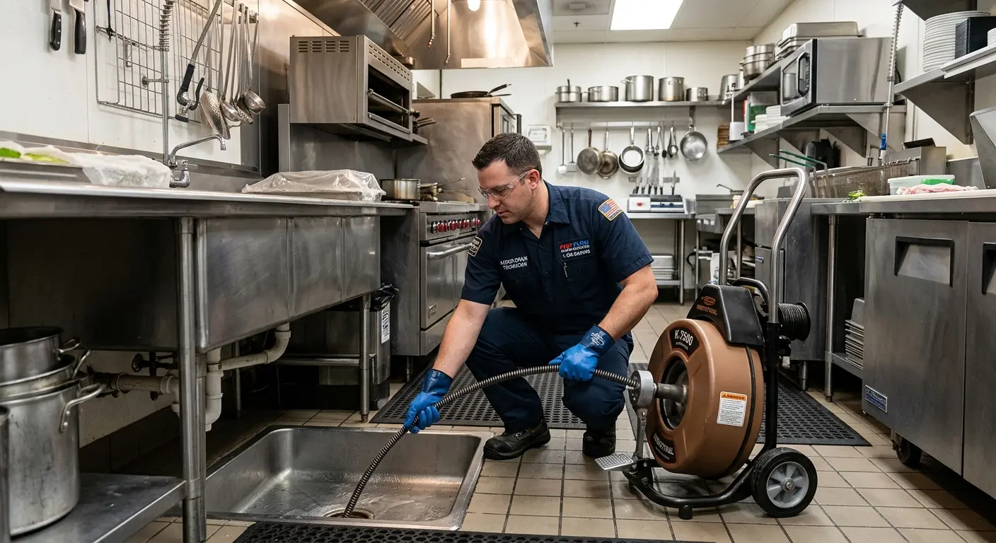 Commercial drain cleaning service in a restaurant kitchen in Maize