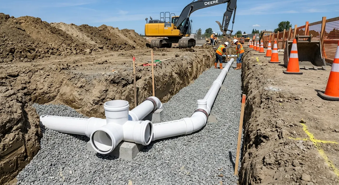 New PVC sewer pipe installation in open trench for Commercial Drain Cleaning in Maize