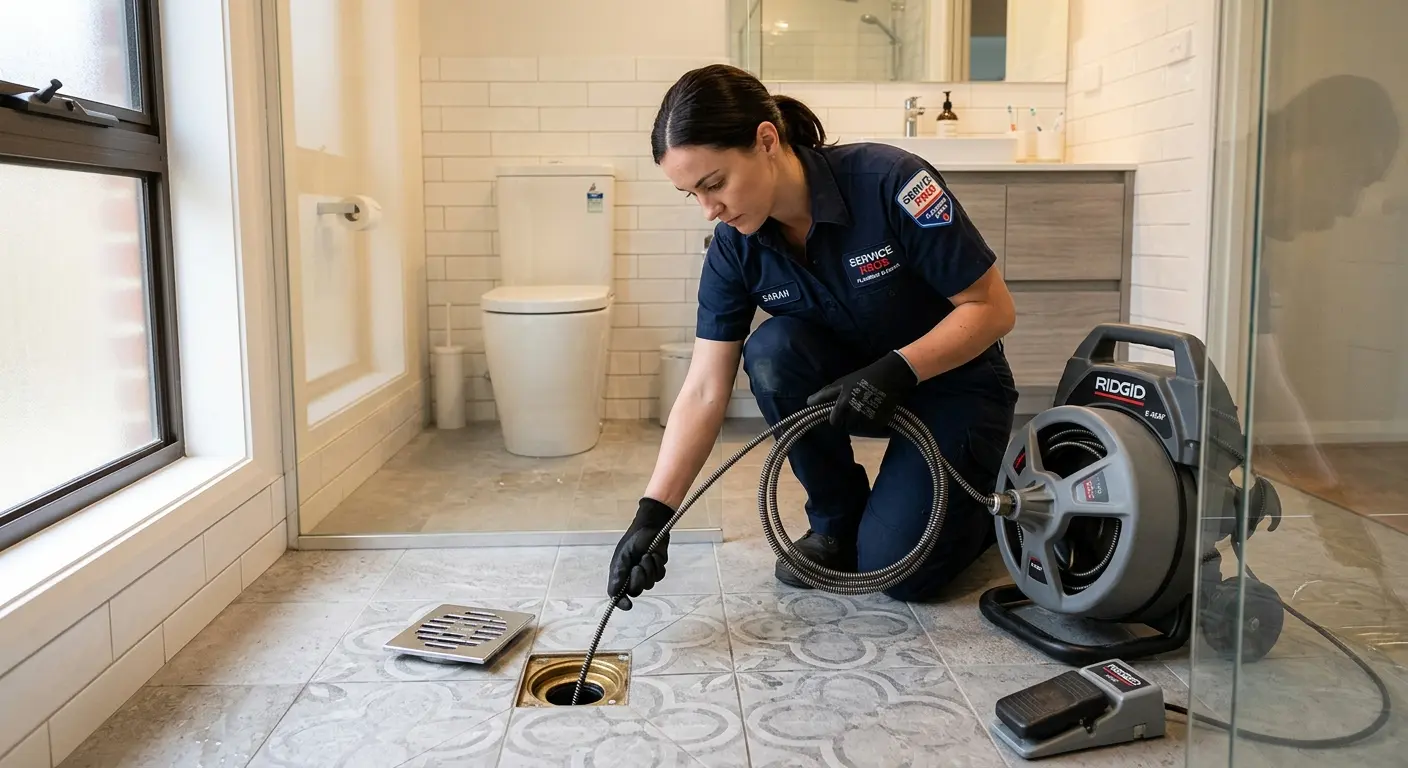 Technician clearing a bathroom floor drain for Clogged Drain Repair in Maize